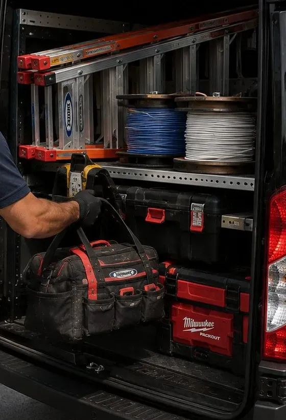 Van shelves with cable reels and ladders — Port Morris, Bronx crew Service van shelves holding blue and white cable reels, aluminium ladders and red tool cases, Port Morris, Bronx install crew