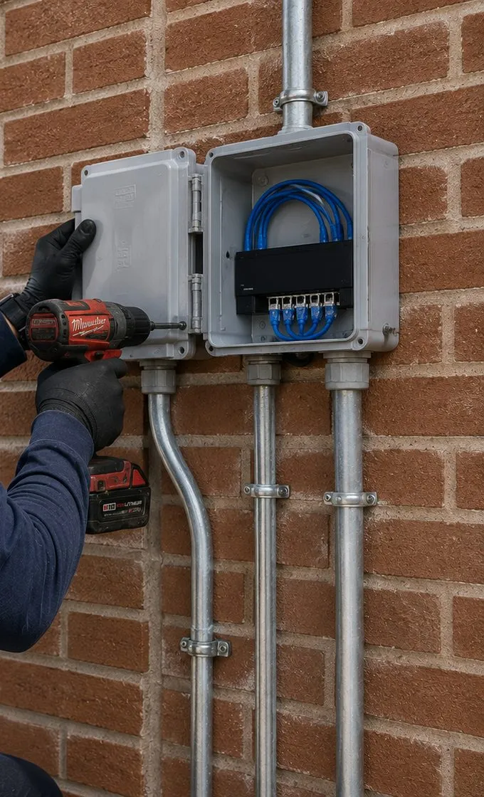 Weatherproof wall enclosures and conduit on brick Port Richmond, Staten Island fiber job: weatherproof enclosures with conduit on a brick wall, one open to show a small switch