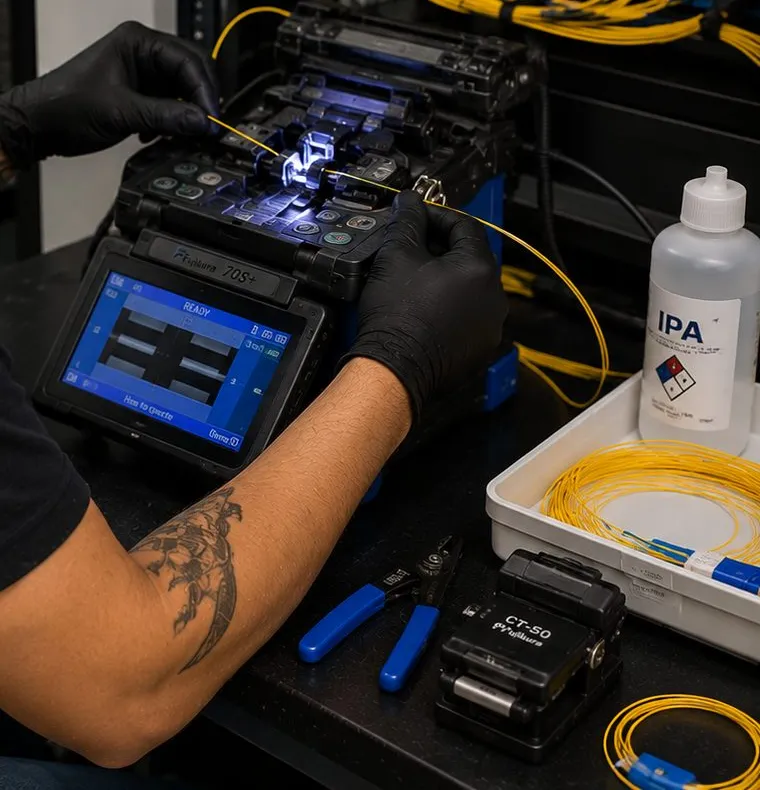 Fusion splicer at the ready beside patched single-mode jumpers Port Richmond, Staten Island fiber optic installation: gloved hands feed a yellow fiber into a fusion splicer beside a rack of single-mode jumpers