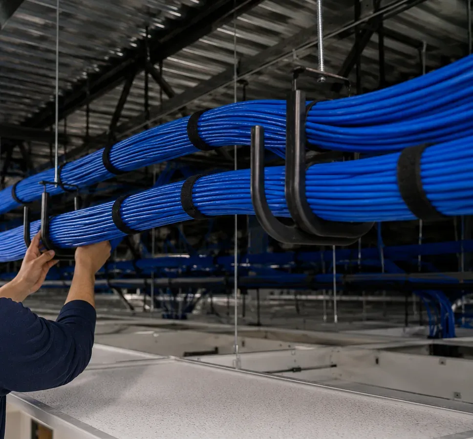 Bundles seated in J-hooks above a suspended ceiling Cable pathway for a Port Richmond, Staten Island fiber installation: bundles seated in J-hooks above a suspended ceiling