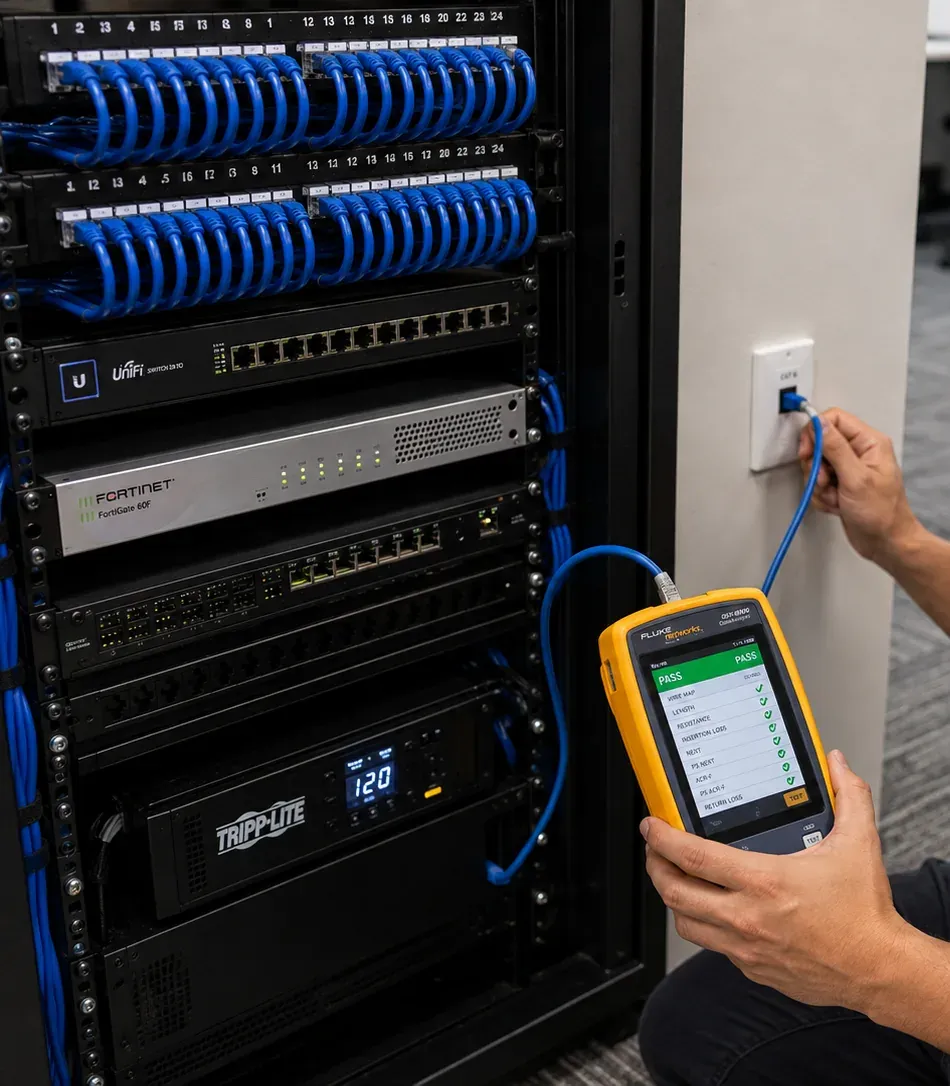 Handheld certifier reading PASS at a wall jack beside the rack Link test for a fiber optic installation in Port Richmond, Staten Island: handheld certifier showing PASS beside a network rack