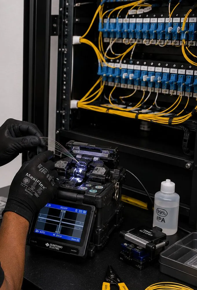 Stripped fibers over a splicer below blue adapter panels Staten Island fiber splicing for Port Richmond jobs: stripped fibers over a fusion splicer below blue adapter panels and yellow jumpers