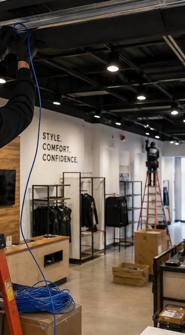 Cable fed into an open retail ceiling from a stepladder Fiber optic installation for a Port Richmond, Staten Island storefront: cable fed up into an open black retail ceiling from a stepladder