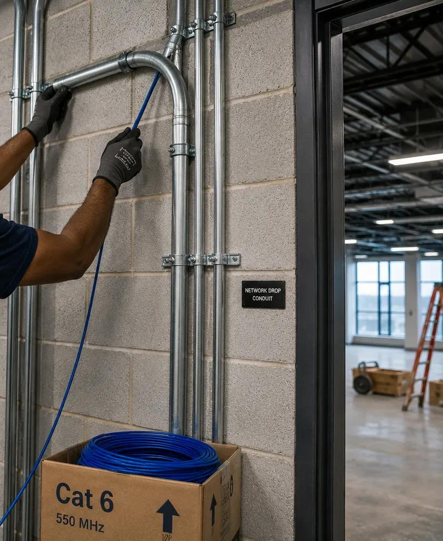 Gloved hands feeding blue cable into a metal conduit sweep on a block wall marked network drop conduit, Putnam County fiber pathway