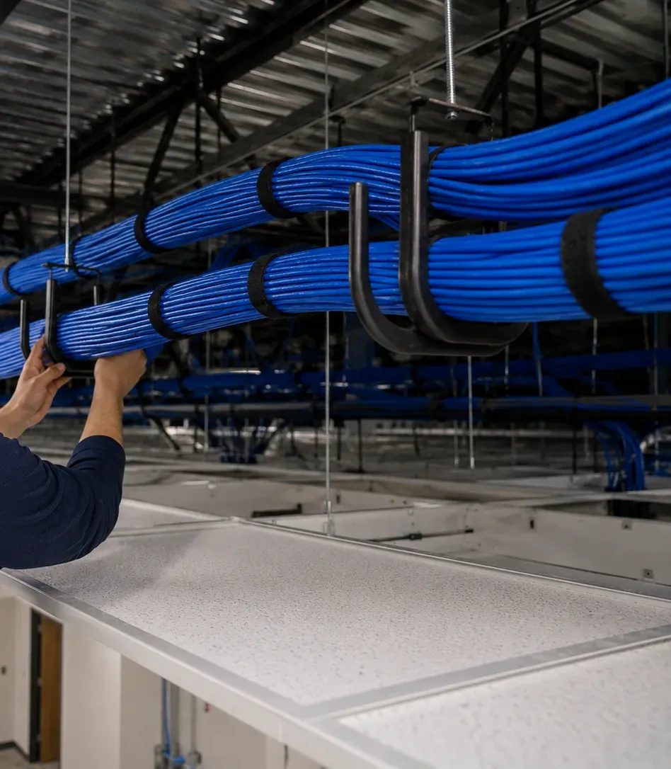 Blue cable bundles hung on black J-hooks above a drop-ceiling grid, Putnam County fiber and cabling pathway