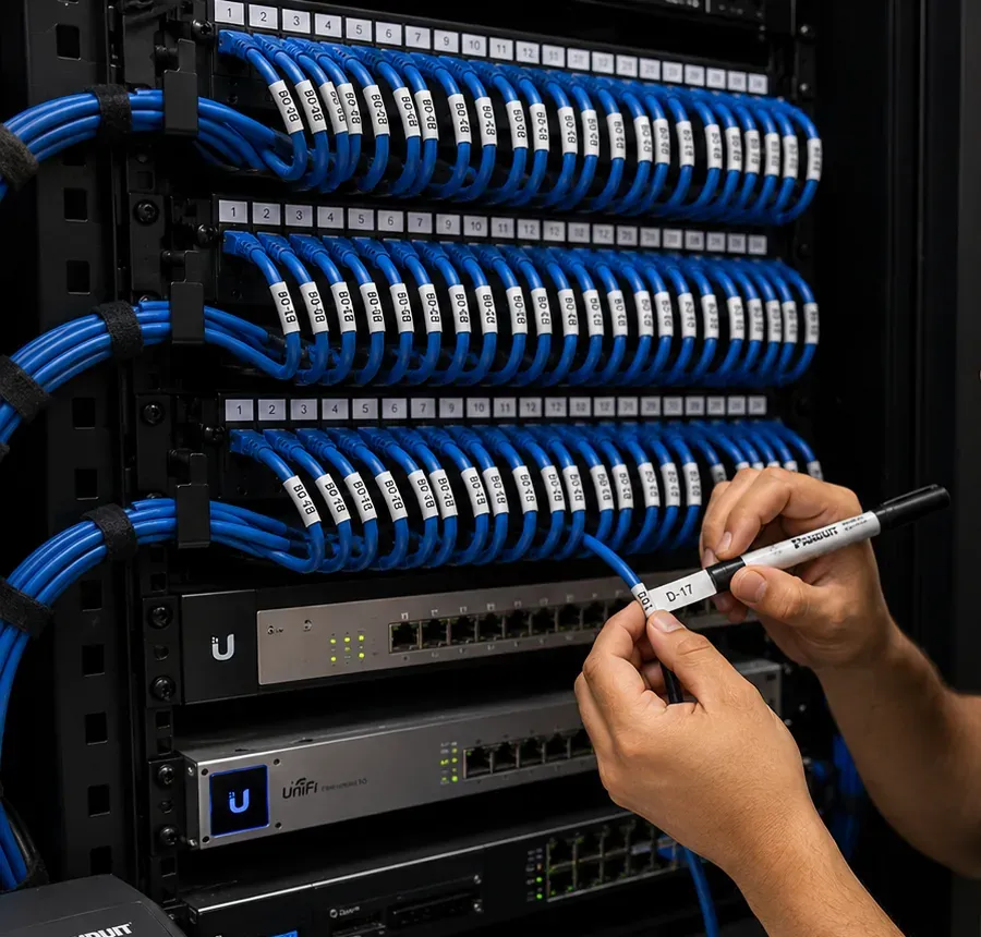 Technician wrapping a printed label onto a blue patch cord in front of labelled patch panels, Putnam County fiber documentation