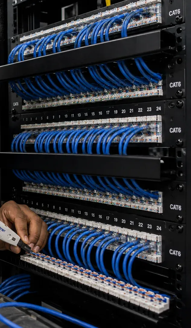 Hands using a punch-down tool at the back of Cat6 patch panels in a rack, Putnam County network termination