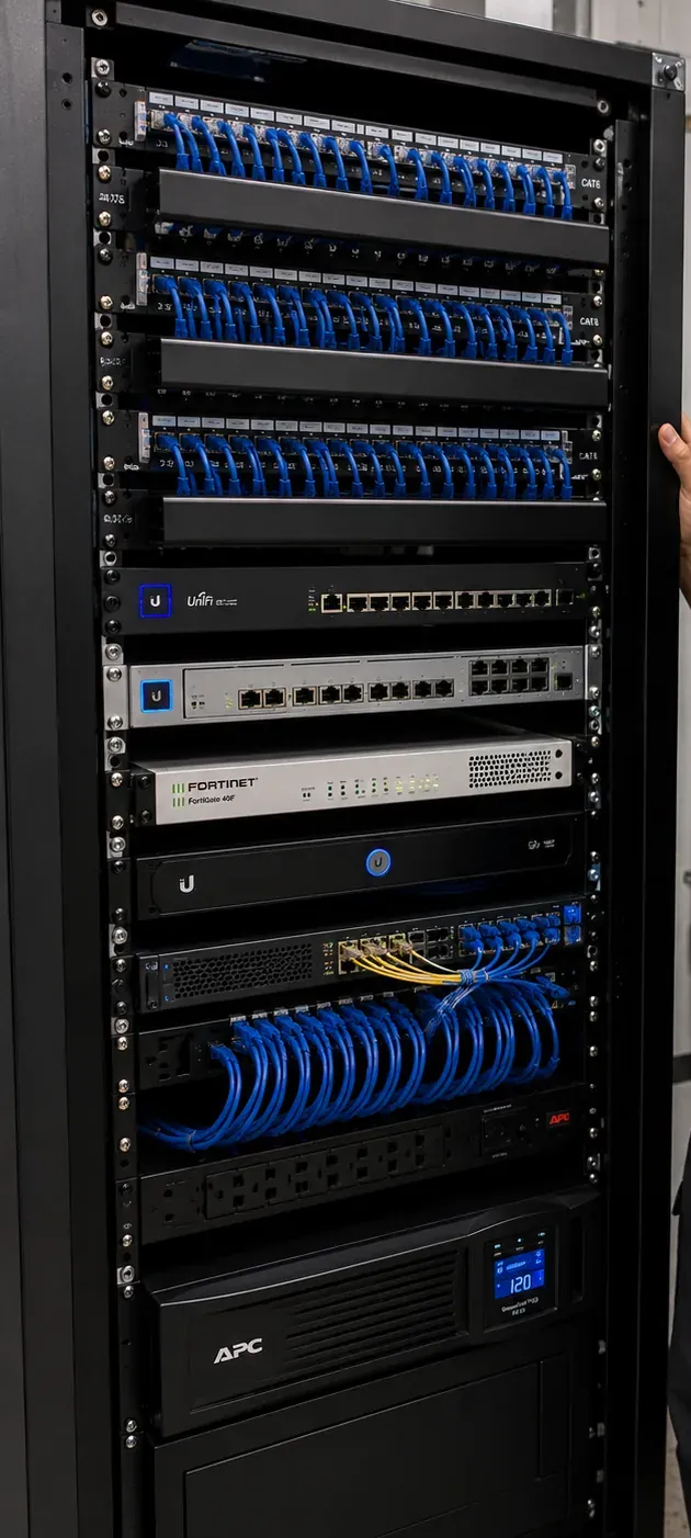 Finished network rack with patch panels, switches, a firewall, a short run of yellow patch cords and a UPS, Putnam County fiber termination rack