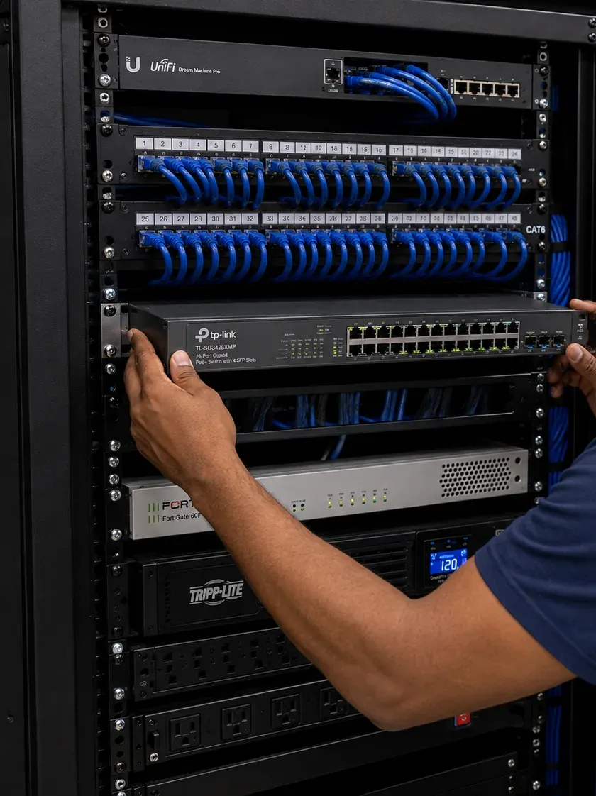 Hands seating a 24-port PoE switch with SFP slots into a rack under two patch panels, Putnam County fiber network equipment
