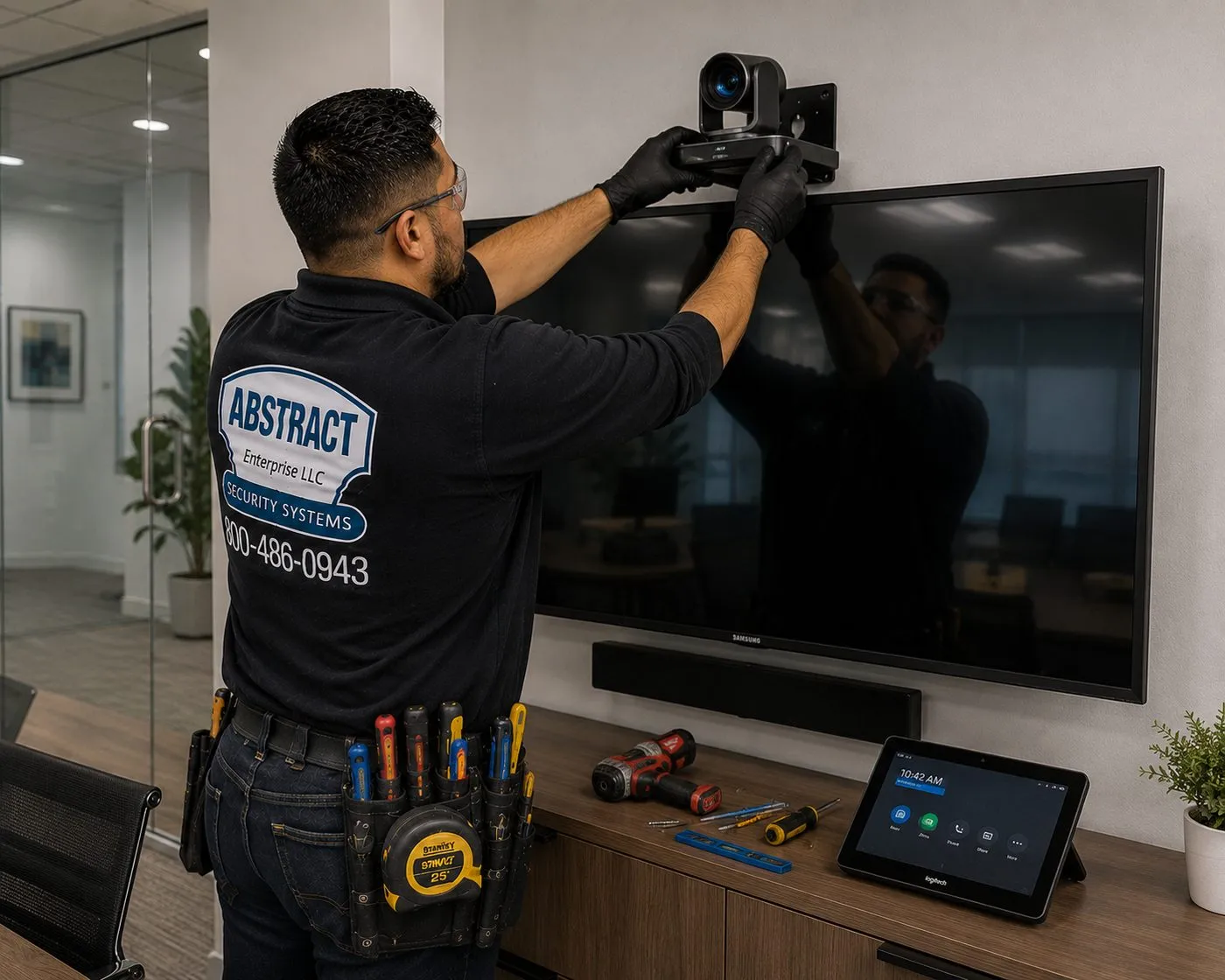 Mounting a conference camera above a display — Queens office on a fiber backbone Technician mounting a video-conference camera above a wall display in a Queens office meeting room connected to the building fiber optic installation network