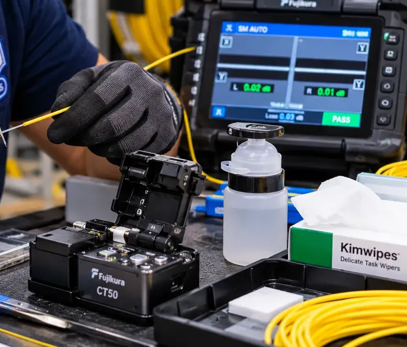 Fiber cleaver, alcohol dispenser and wipes in front of a fusion splicer screen reading pass, Riverdale Bronx fiber splicing