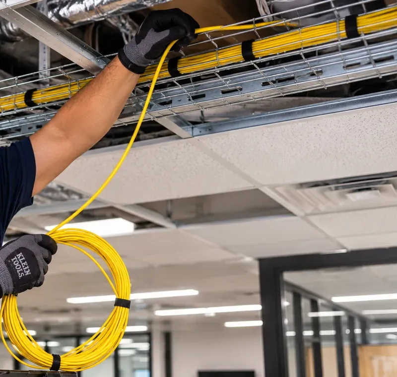 Yellow fiber fed from a coil into wire basket tray above lifted ceiling tiles, Riverdale Bronx classroom or office fiber