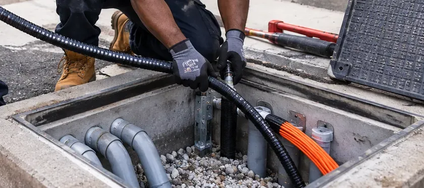 Gloved hands guiding black armored fiber cable into a concrete handhole with grey conduit sweeps, Riverdale Bronx underground fiber
