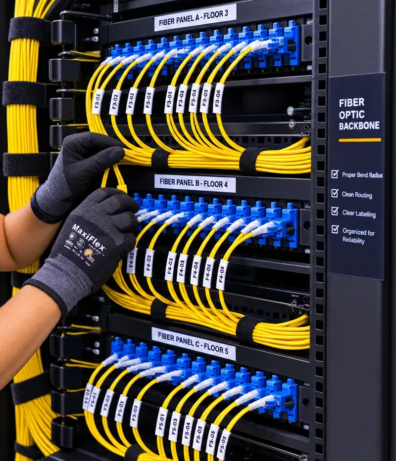 Gloved hands dressing labelled yellow jumpers across fiber panels marked for floors three to five, Riverdale Bronx riser fiber