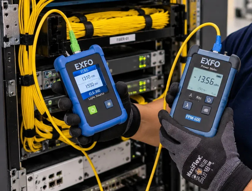 Light source and power meter held at a fiber rack during loss testing, Riverdale Bronx fiber certification