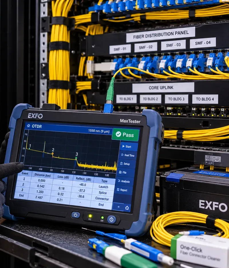 OTDR tester showing a passing trace beside a fiber panel labelled for links to four buildings, Riverdale Bronx fiber optic installation