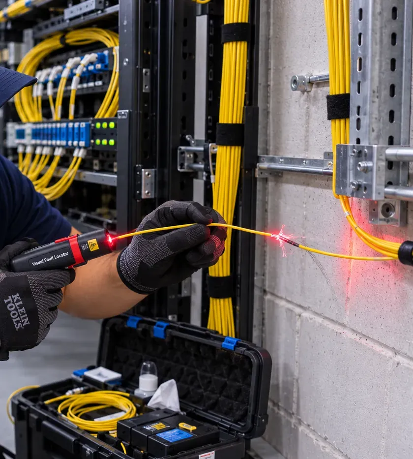 Red light from a visual fault locator glowing at a break in a yellow fiber along a block wall, Riverdale Bronx fiber repair
