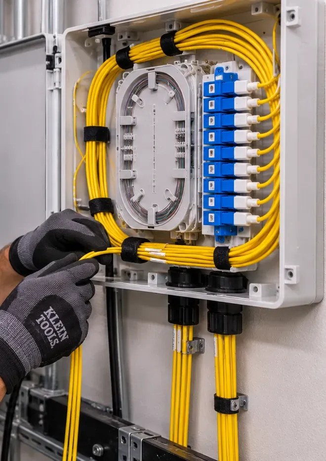 Gloved hands dressing yellow fiber jumpers in a wall enclosure with blue SC adapters and an oval splice tray, Riverdale Bronx