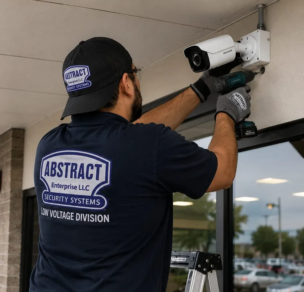 Drilling a camera mount under a storefront canopy β St. George, Staten Island Installer drilling a white bullet camera bracket into a storefront soffit beside a glass entrance, St. George Staten Island storefront