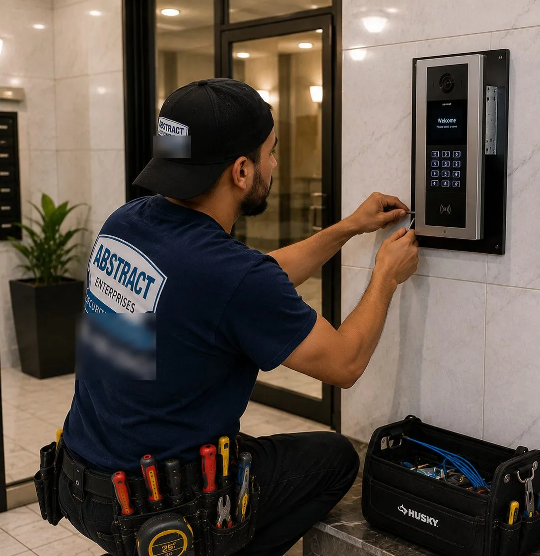 Entry panel in a marble lobby — Stapleton, Staten Island Installer kneeling to fasten an entry panel to a marble-clad lobby wall beside a glass door in Stapleton, Staten Island