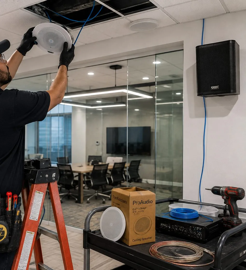 Ceiling speaker beside a conference room — Suffolk County office audio Technician fitting a ceiling speaker beside a glass-walled conference room in a Suffolk County office