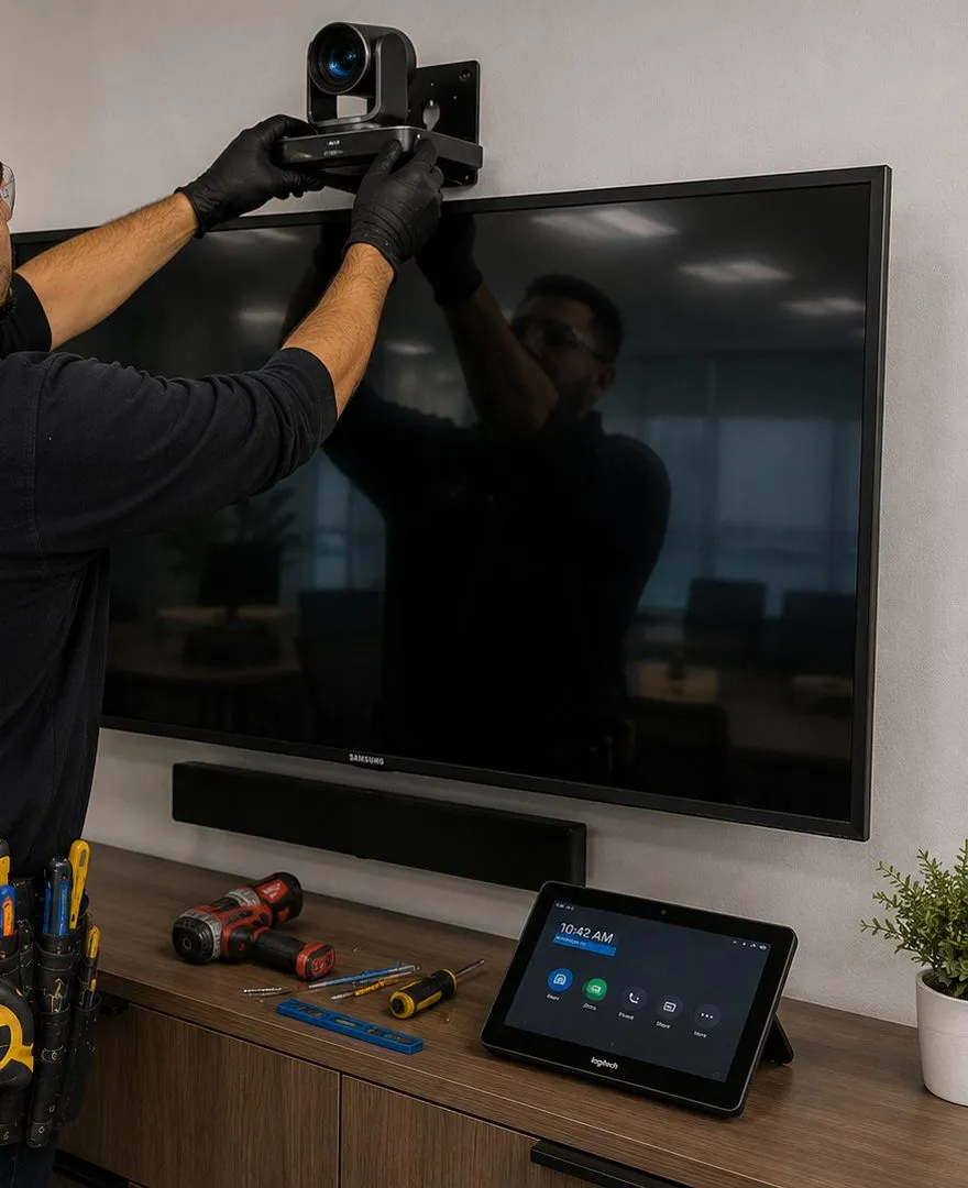 Conference camera going up above the display — Suffolk County meeting room Technician fixing a conference camera on a bracket above a wall display in a Suffolk County meeting room
