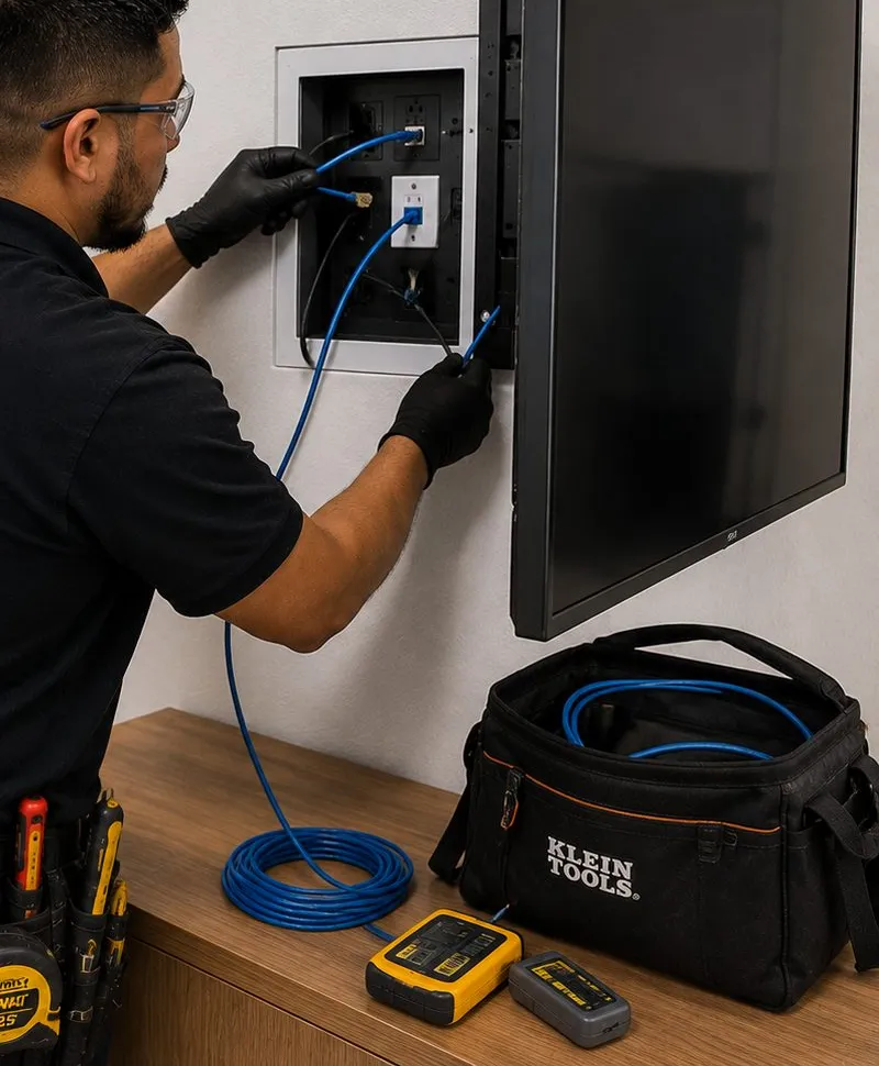 Patching at a recessed wall box — Suffolk County network end point Technician patching blue network cables into a recessed wall box beside a wall-mounted display, with cable testers on the credenza, for Suffolk County fiber optic installation