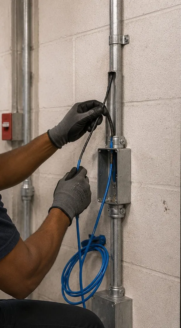 Gloved hands guiding cable into a metal junction box on steel conduit against a block wall, Sunset Park, Brooklyn