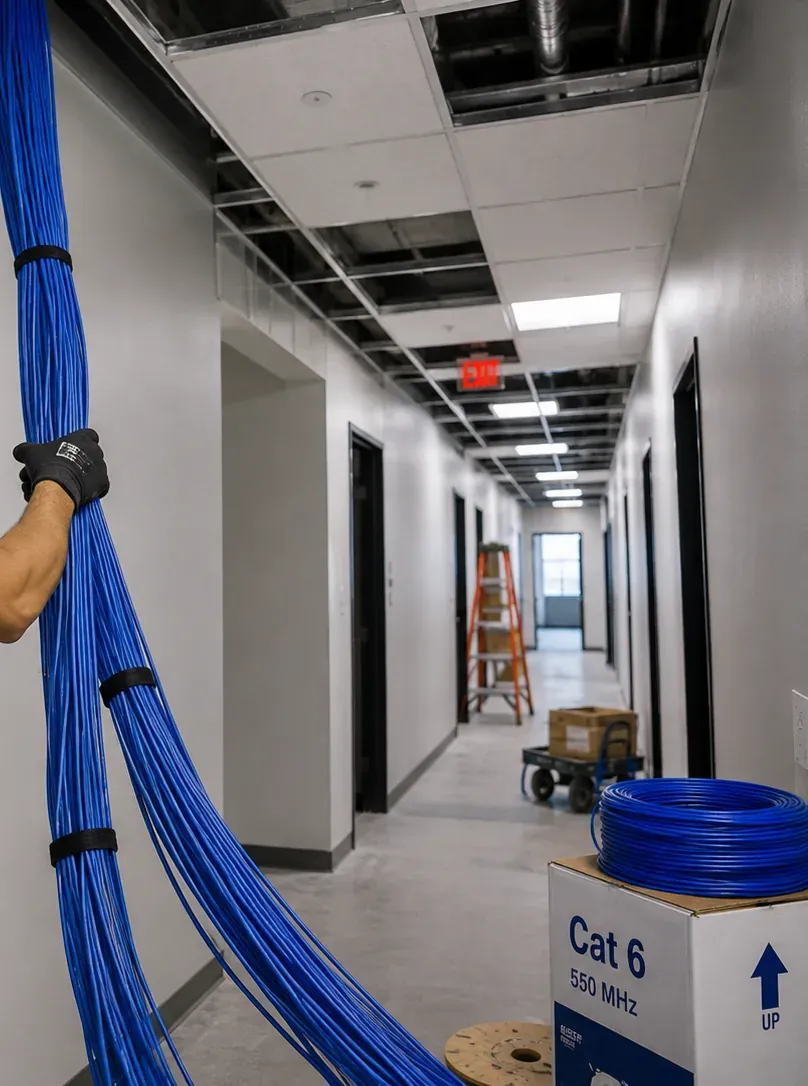 Gloved hand steadying a long bundle of blue cable dropping from an open corridor ceiling, Sunset Park, Brooklyn cabling route