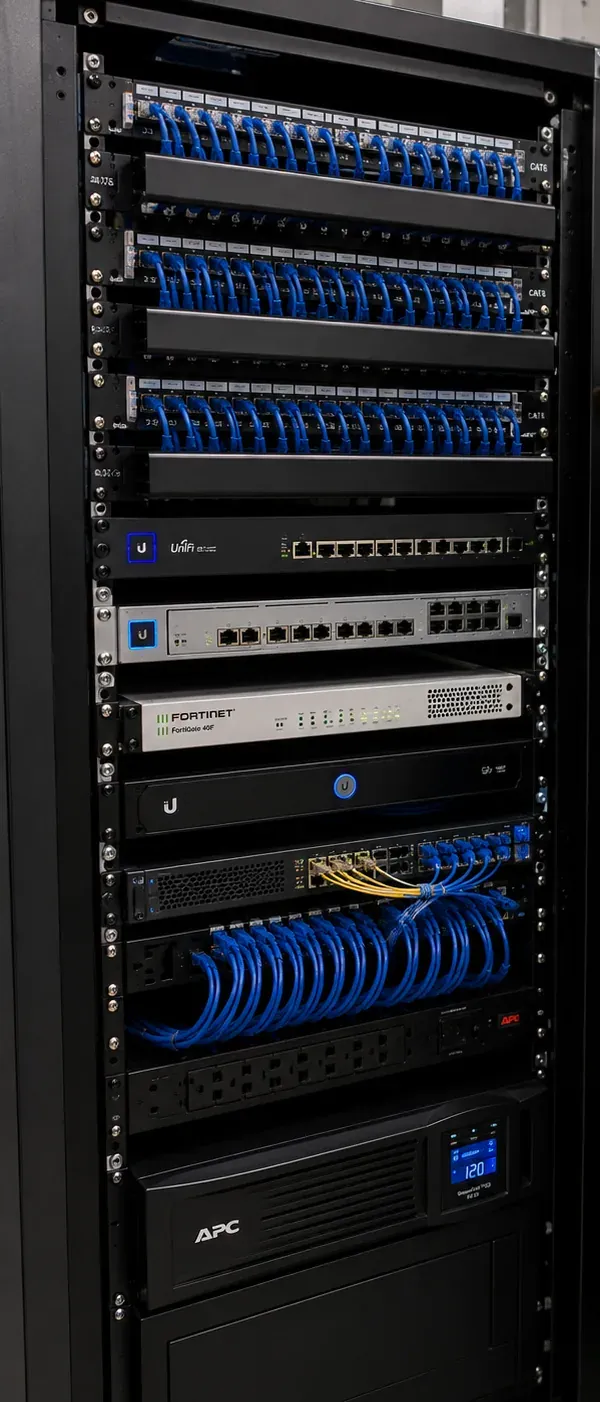 Finished network rack with labelled patch panels, switches, firewall and UPS for a fiber-connected suite in Sunset Park, Brooklyn