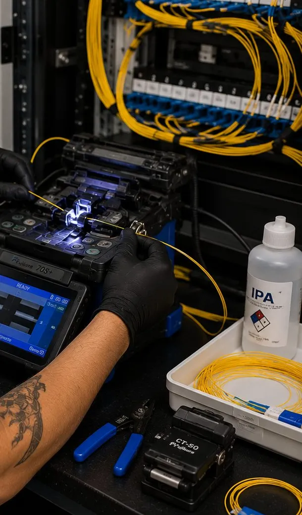 Gloved hands loading fiber into a fusion splicer beside a yellow-jumpered fiber panel for fiber optic installation in Sunset Park, Brooklyn