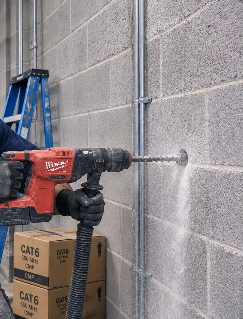 Rotary hammer drilling into a concrete-block wall beside steel conduit for a cable penetration, Sunset Park, Brooklyn fiber work
