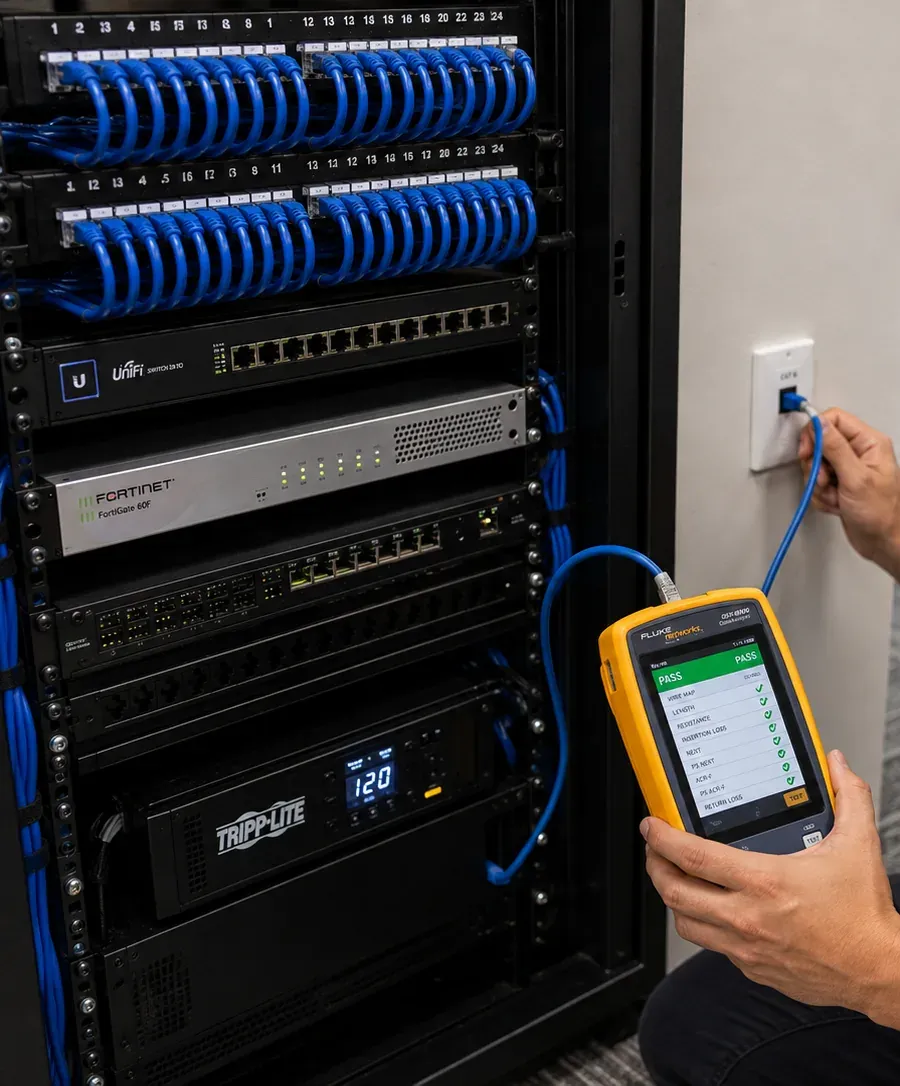 Handheld cable tester showing a pass result while connected to a wall outlet next to a network rack, Sunset Park, Brooklyn