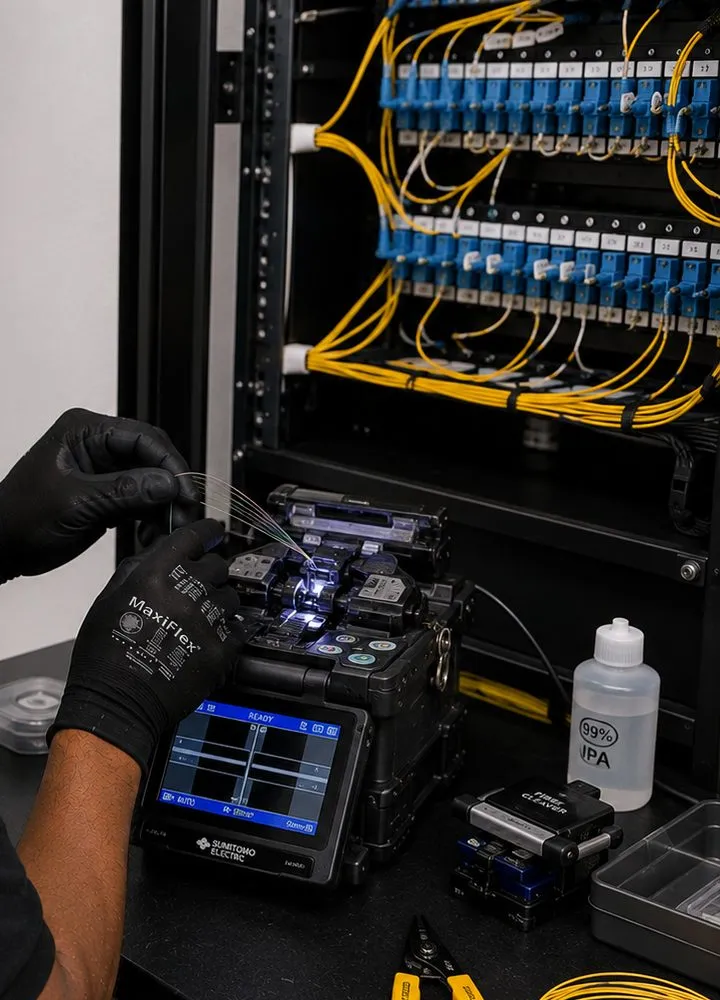 Fusion splicer screen and gloved hands in front of a rack of blue LC adapters and yellow fiber jumpers, Sunset Park, Brooklyn
