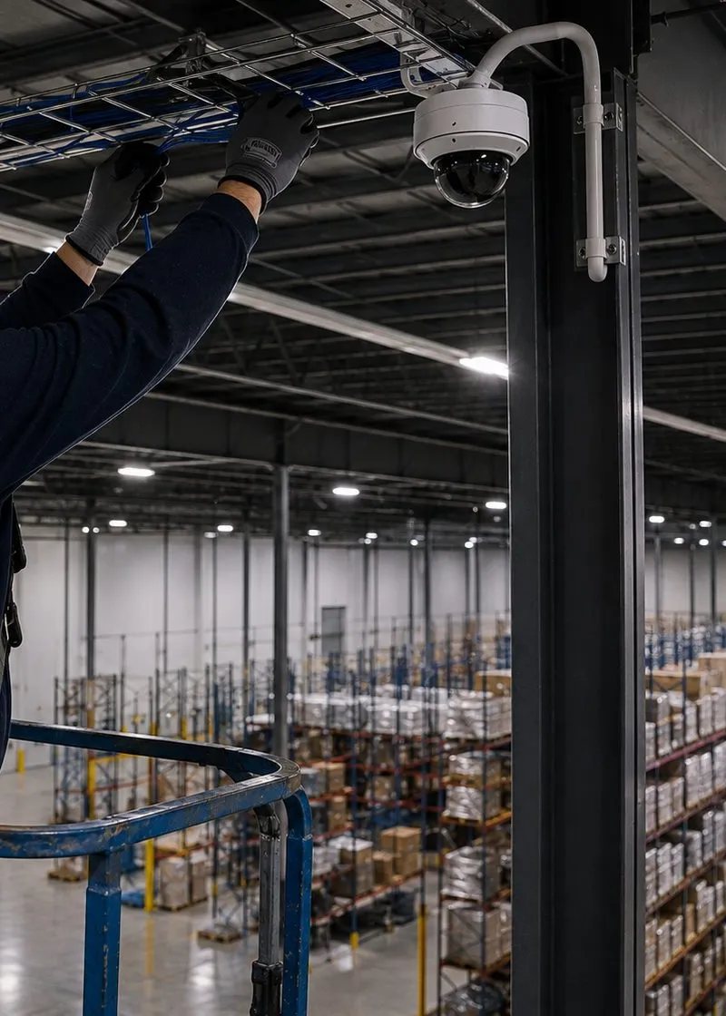 Technician's gloved hands at overhead wire-basket cable tray from a scissor-lift platform in a high-bay warehouse, Sunset Park, Brooklyn
