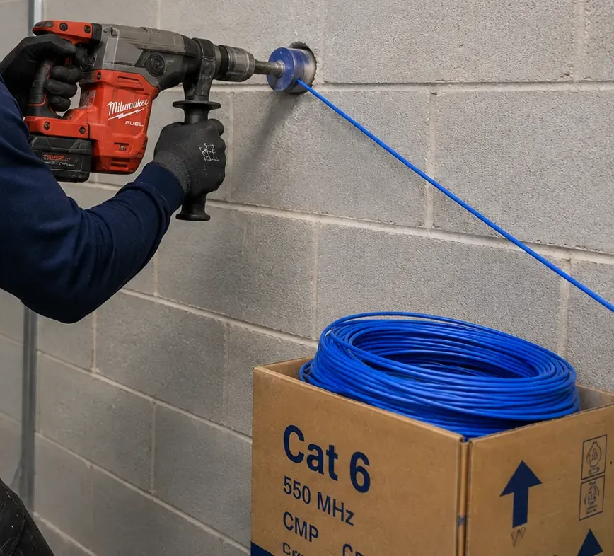 Rotary hammer coring a round opening in a concrete block wall with a blue cable already through it, wall penetration work for Williamsburg, Brooklyn buildings