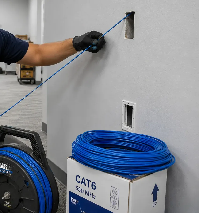 Gloved hand drawing blue cable from a reel up to a cut opening in a finished office wall, retrofit cabling in Williamsburg, Brooklyn