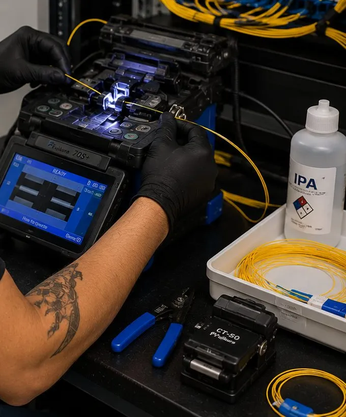 Gloved hands loading a yellow fiber into a fusion splicer beside a patch rack, illustrating fiber optic installation in Williamsburg, Brooklyn
