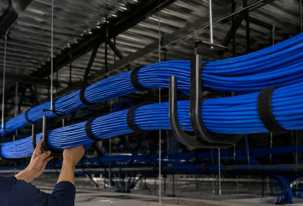 Gloved hands adjusting large blue cable bundles in black J-hooks hung from an open ceiling deck, supported cable paths for Williamsburg, Brooklyn lofts