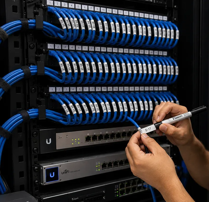 Hands fixing a printed label to a blue patch cord in front of numbered patch panels, labelling a telecom closet in Williamsburg, Brooklyn