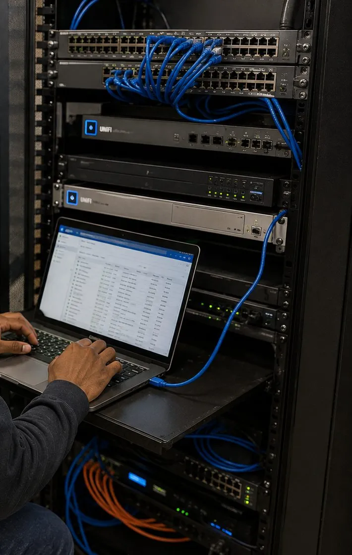 Laptop on a rack shelf connected to switches in an open network rack, bringing new links online in Williamsburg, Brooklyn