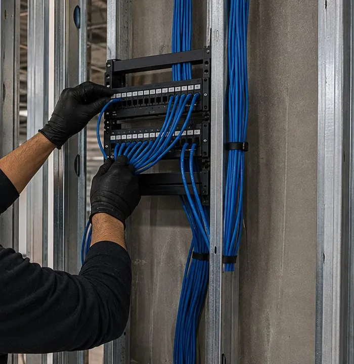 Gloved hands terminating blue cables on a wall-mounted patch panel between metal studs, closet build-out in Williamsburg, Brooklyn