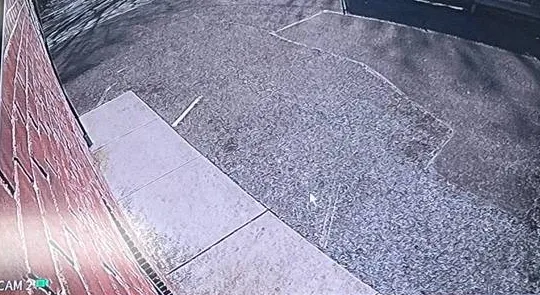 Recorder camera tile of a brick wall and paved lot â Manhattan Hik-Connect support example Manhattan Hik-Connect app support example photo: a single camera tile on a recorder monitor showing a red brick wall, a concrete sidewalk strip and a paved lot in a wide-angle view