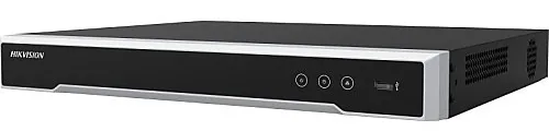 Hikvision network video recorder with silver front trim â Manhattan Hik-Connect repair reference photo Manhattan Hik-Connect app support product photo: a flat black Hikvision network video recorder with silver trim along its front edge, three small round buttons and a USB port
