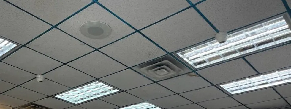 Mini dome cameras in a drop ceiling â Manhattan Hik-Connect support example Manhattan Hik-Connect app support example photo: two small white mini dome cameras mounted on a drop ceiling grid between fluorescent light panels and a square air vent