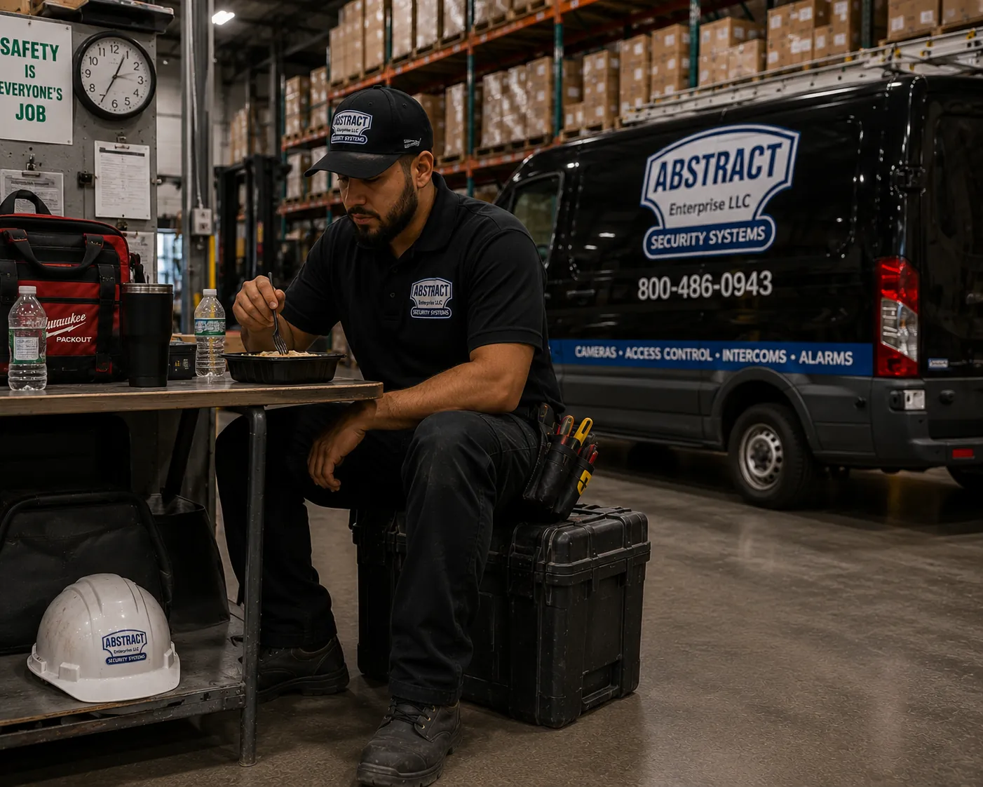 Industrial security camera installer on site with the service van in Queens, NY