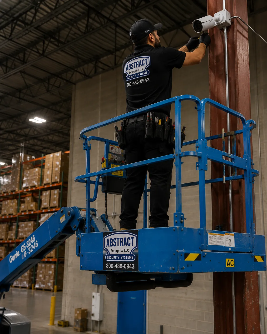 Industrial surveillance system installation on a steel column in Queens, NY