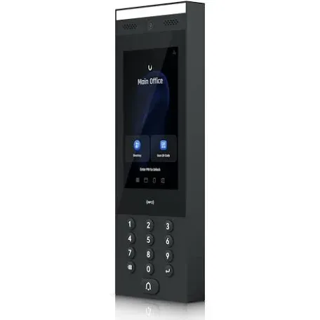 Dark touchscreen directory panel with keypad, product photo for Putnam County offices Putnam County intercom repair product photo: a dark slim entry panel with a portrait touchscreen reading Main Office above two icons, a small symbol strip and a twelve-button keypad below