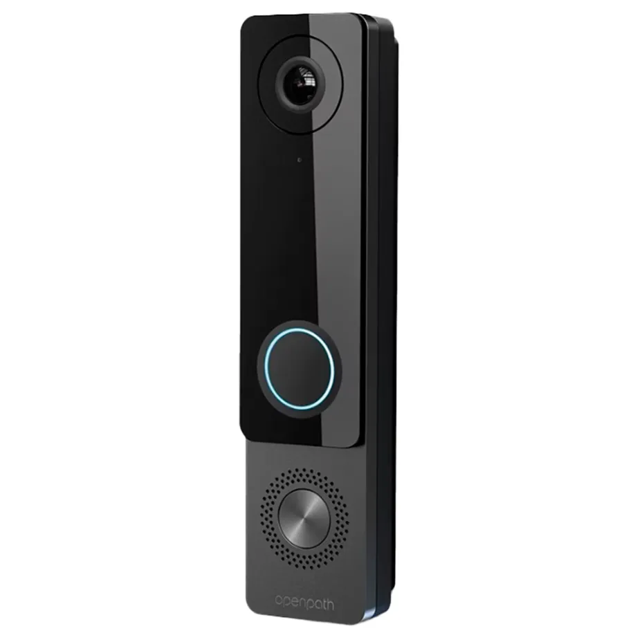 Slim black video doorbell with ring button, product photo for Putnam County homes Putnam County intercom repair product photo: a slim black video doorbell with a camera lens at the top, a glowing blue ring button in the middle and a round speaker grille at the bottom