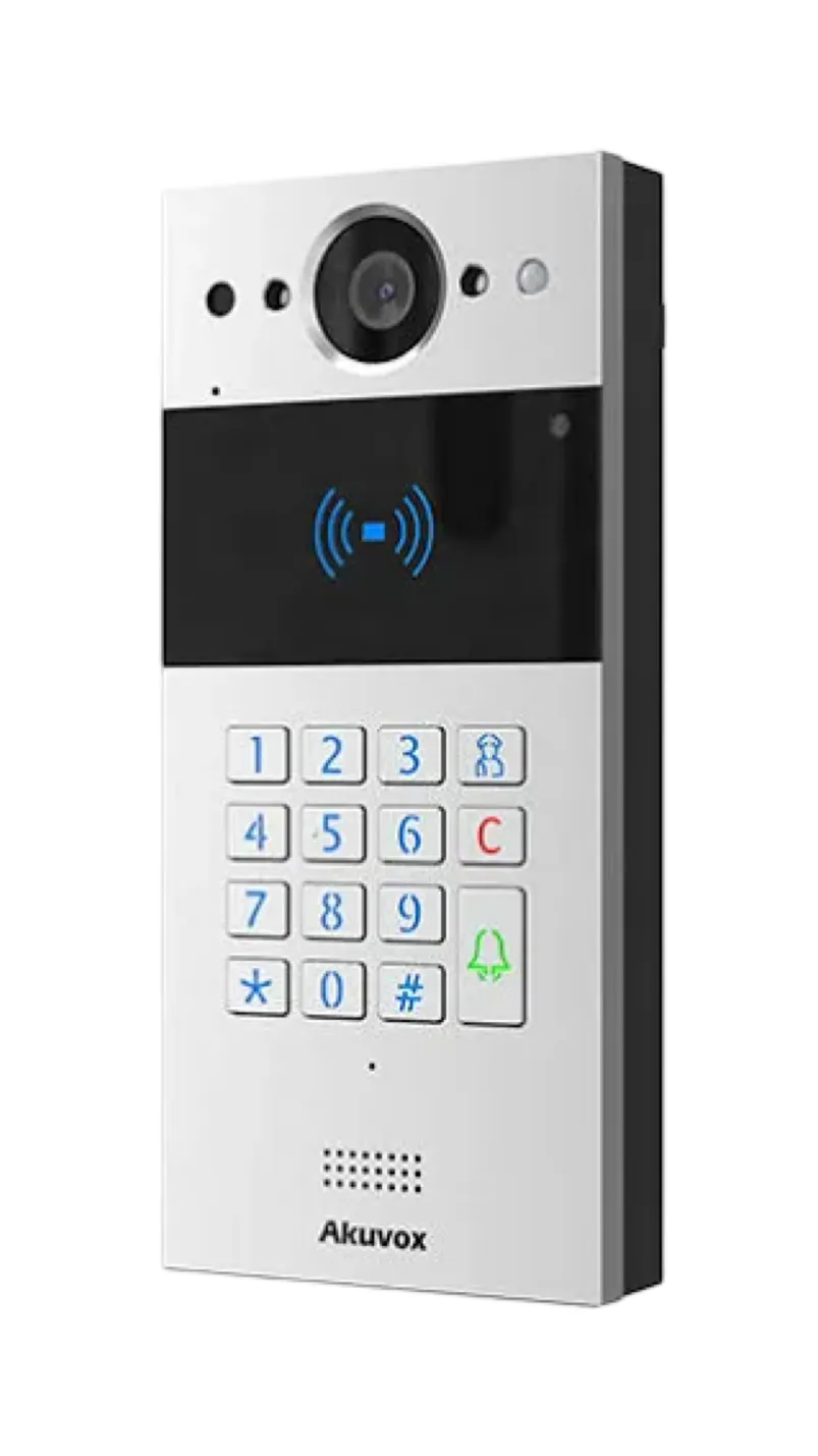 Steel keypad door station with card reader, product photo for Putnam County gates and condo entries Putnam County intercom repair product photo: a tall brushed steel door station with a small camera and lights at the top, a black card-reader band and a twelve-key keypad with a bell key
